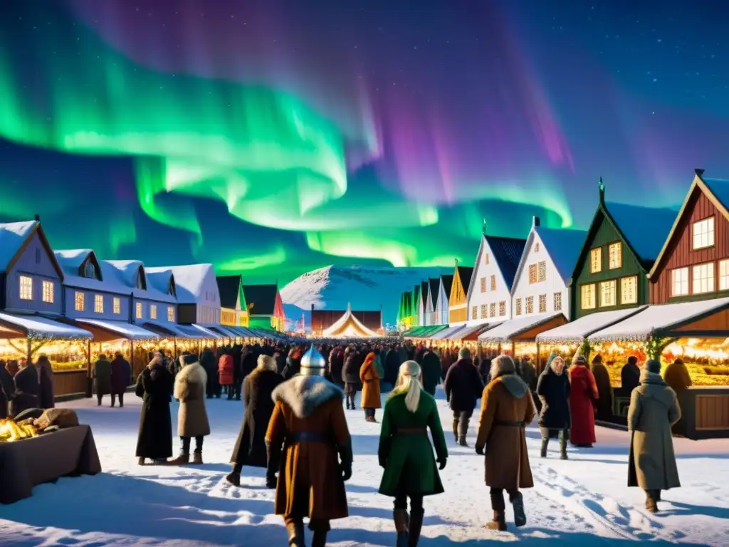 La vibrante huella del comercio nórdico contemporáneo en un mercado donde se fusionan la arquitectura vikinga y moderna bajo las auroras boreales