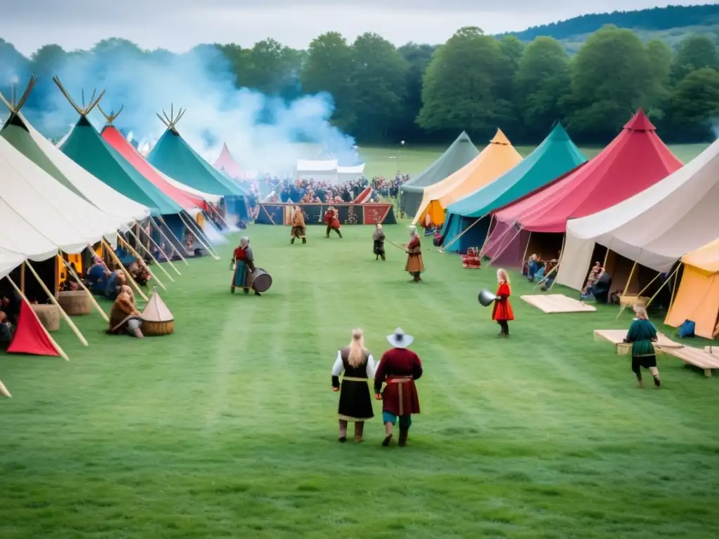 Celebración vibrante de legado vikingo festivales actualidad, con gente vestida de vikingos en actividades tradicionales