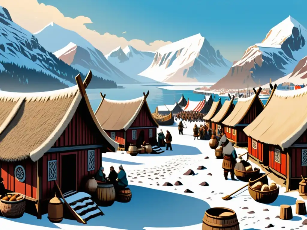 Mercado vikingo: escena detallada de comerciantes, guerreros y barcos Un vibrante mercado vikingo con comerciantes y guerreros intercambiando bienes bajo montañas nevadas