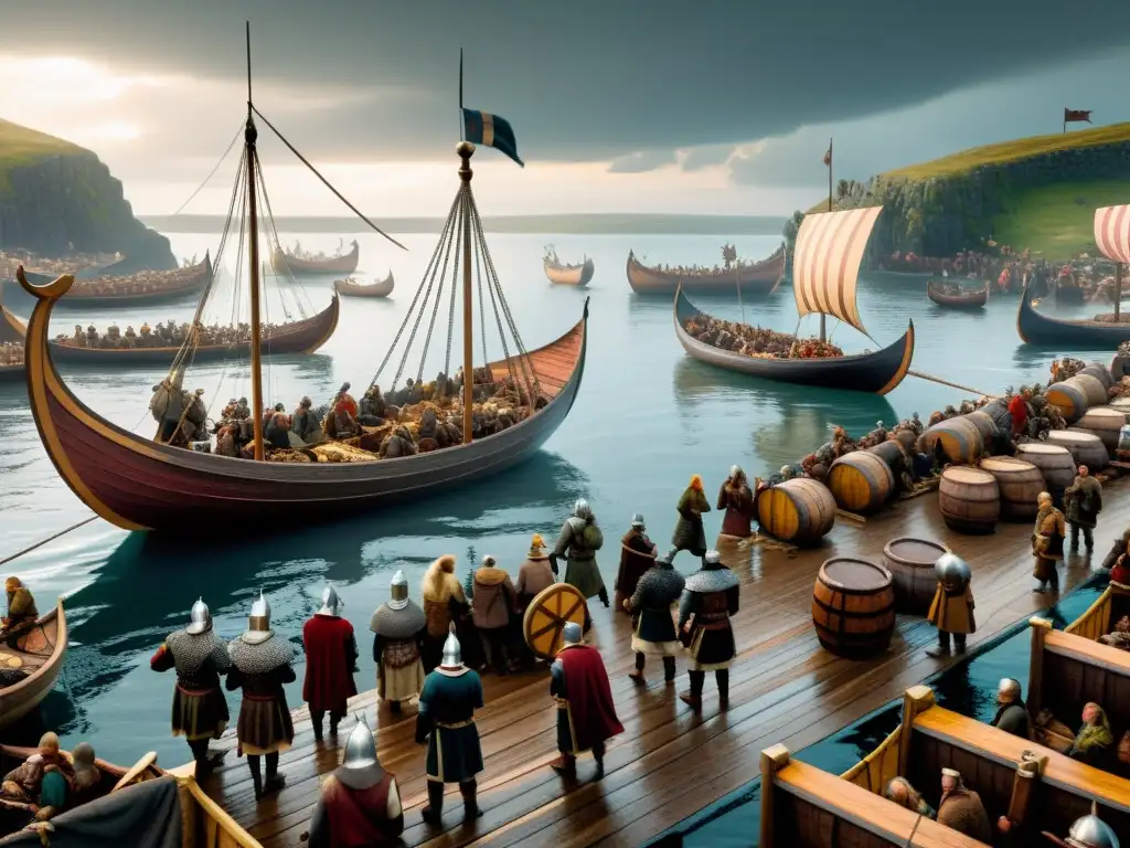 Vibrante mercado vikingo con disputas comerciales en la era vikinga