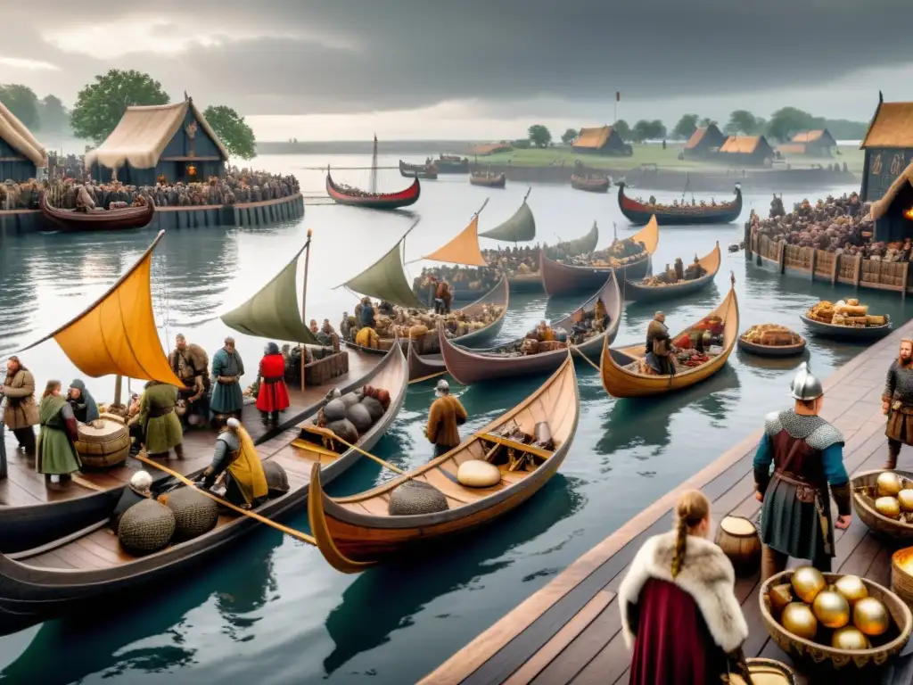 Vibrante mercado vikingo a orillas del río, con barcos y mercancías, reflejando la diplomacia y comercio era vikinga