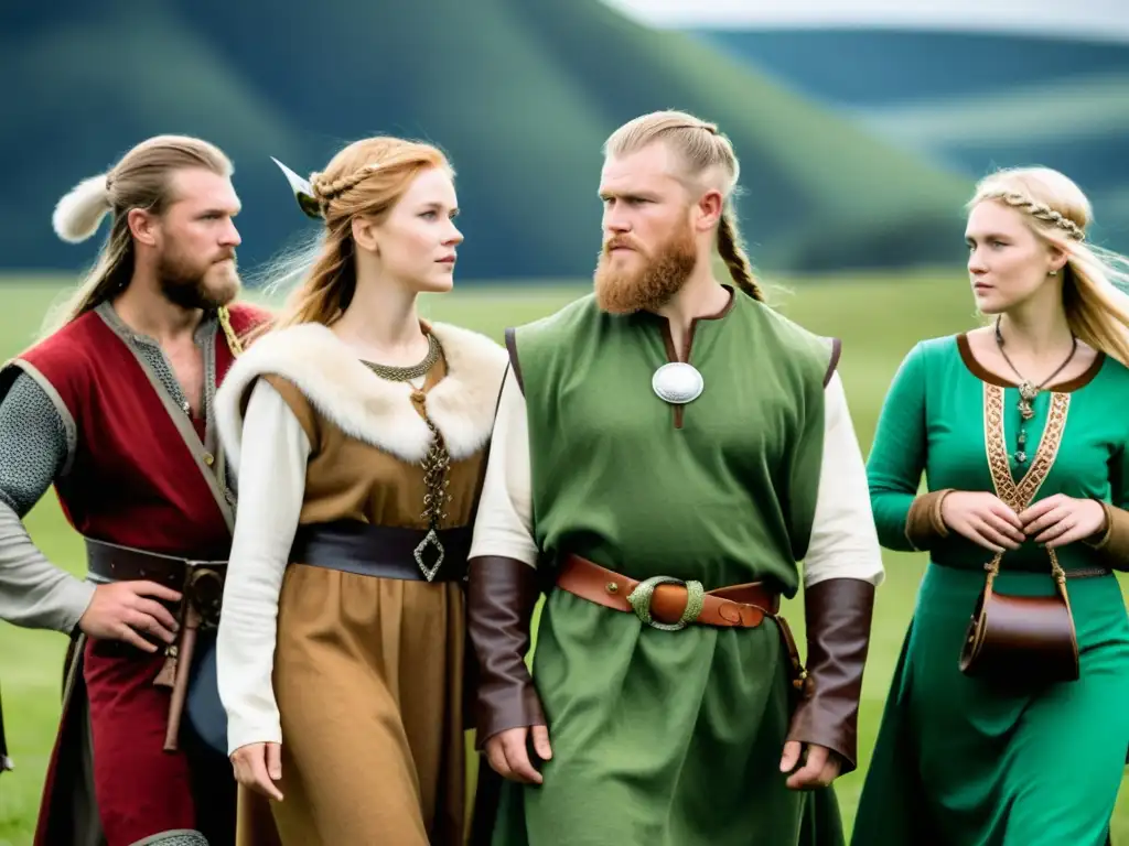 Recreación vibrante de la moda y tejidos en la era vikinga en un prado verde