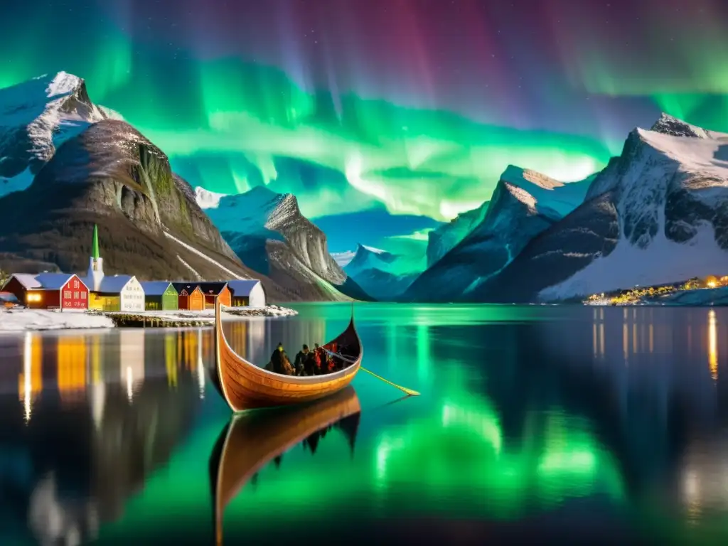 Vibrante paisaje noruego con auroras boreales, un barco vikingo y música clásica inspiración vikinga