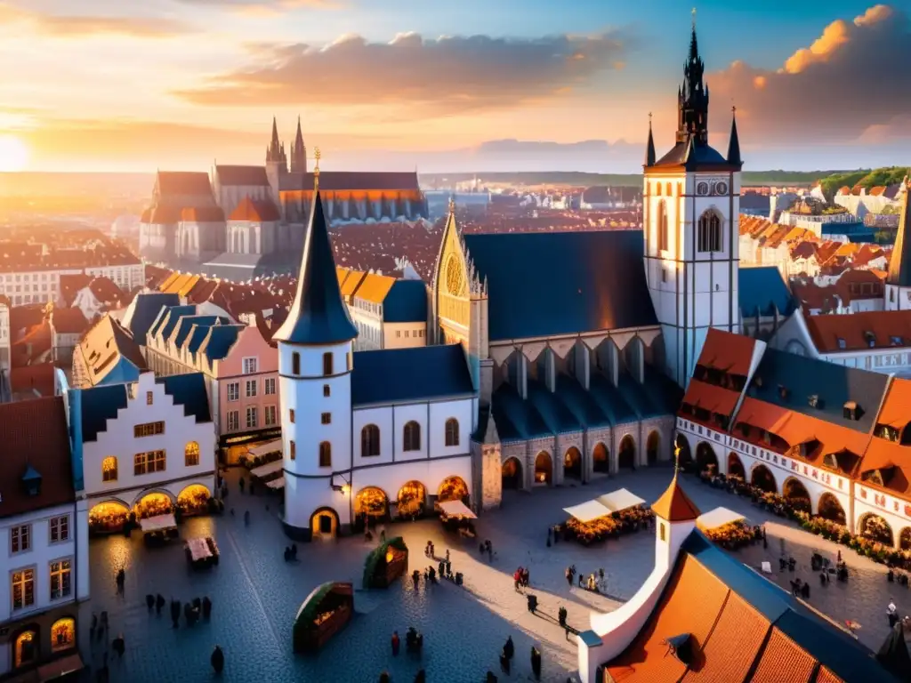 Un vibrante paisaje urbano europeo al atardecer, fusionando arquitectura medieval y rascacielos modernos, reflejando la influencia de las colonizaciones vikingas en el desarrollo de ciudades europeas