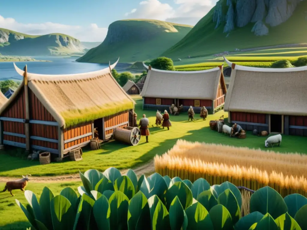 Vikingos cultivando cebada y lúpulo en aldea vibrante Un vibrante pueblo vikingo cultivando cebada y lúpulo