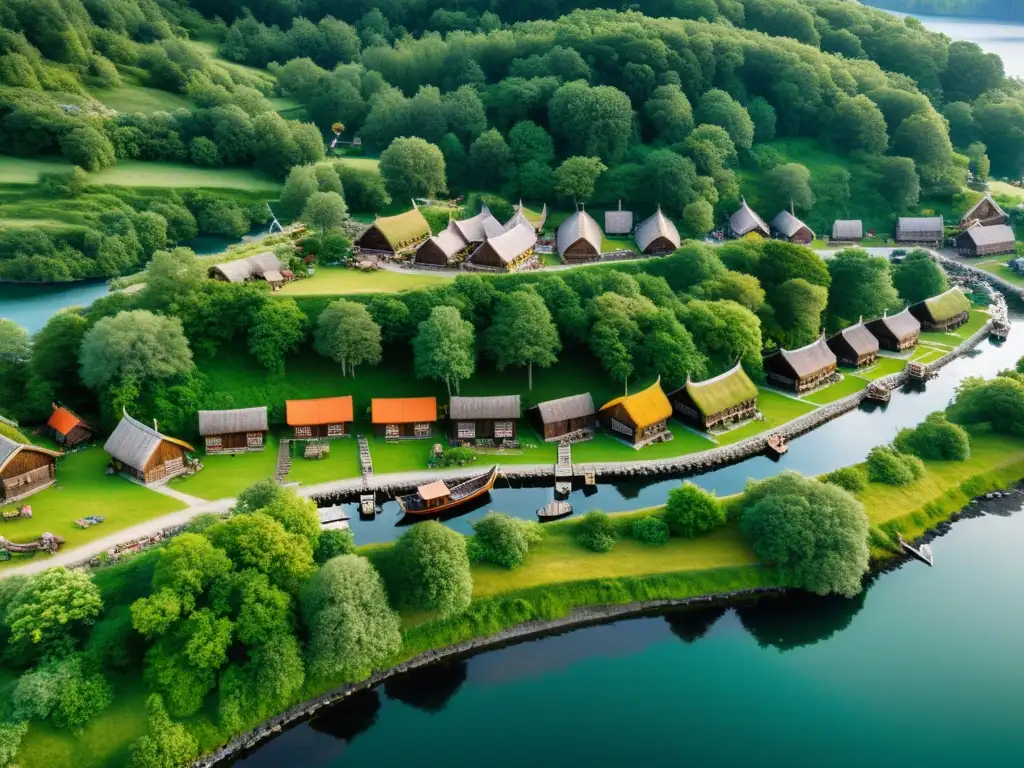 Vibrante pueblo vikingo entre la naturaleza, con casas y barcos de madera, habitantes ataviados con trajes tradicionales