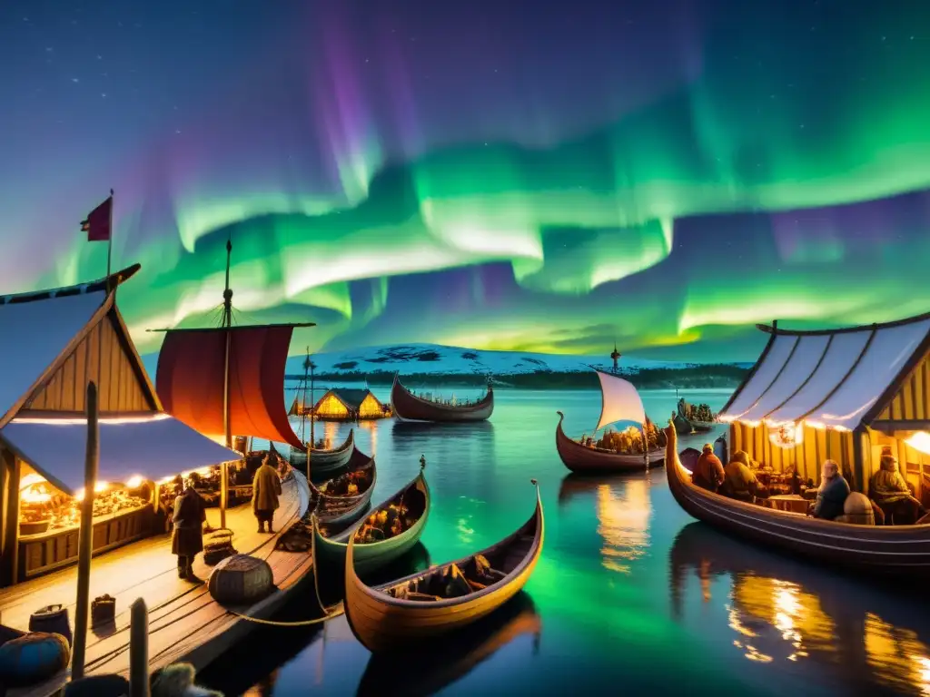 Un vibrante puerto vikingo con comerciantes, artesanos y longships, bajo auroras boreales