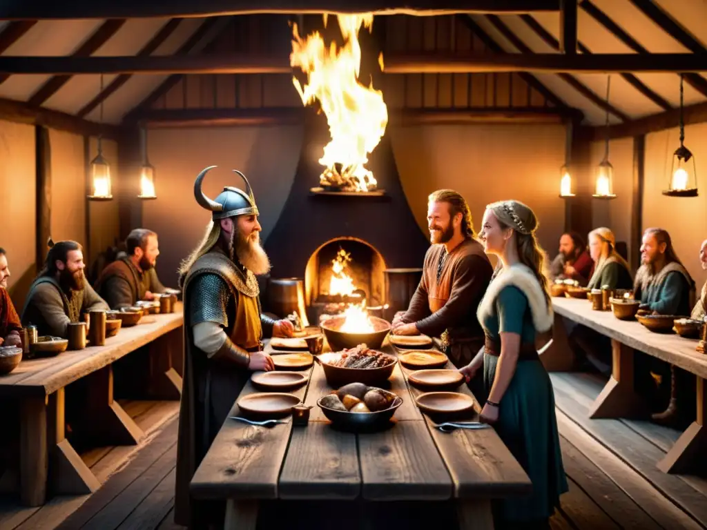 Vibrante festín vikingo en una casa larga, destacando la importancia de la comida en rituales vikingos