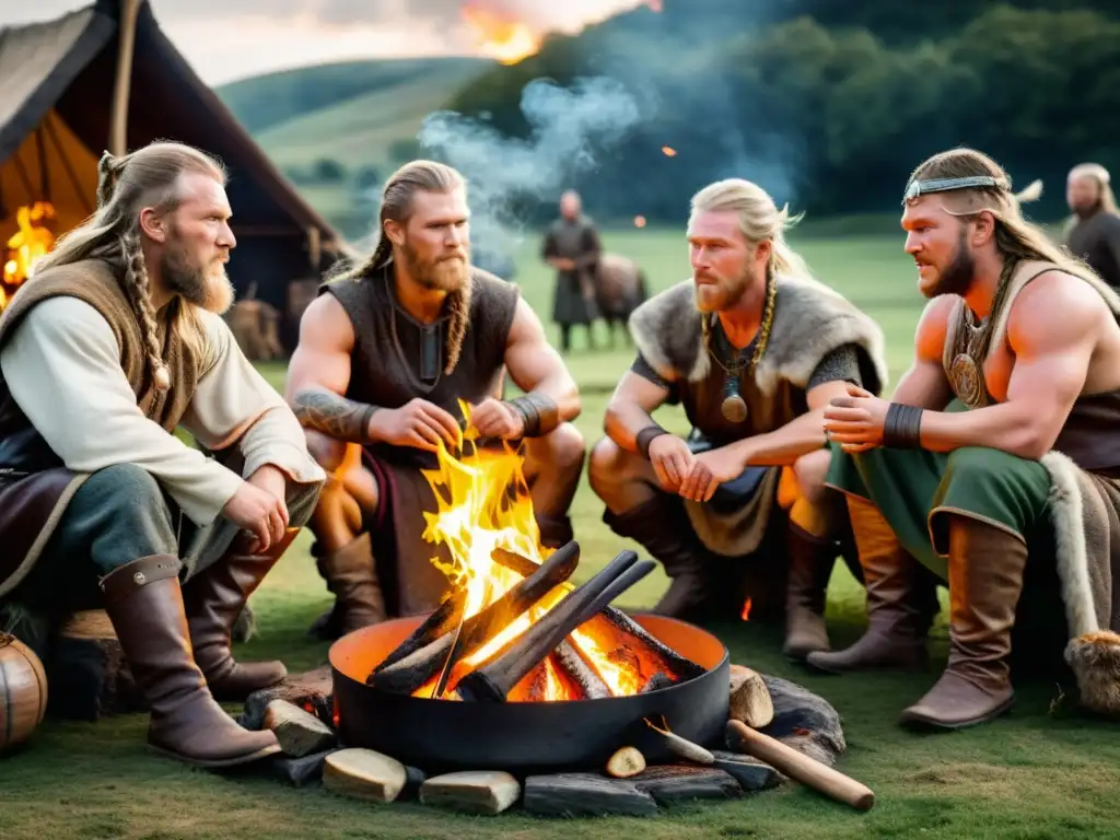 Vida cotidiana en asentamiento vikingo: Vikingos preparando una festín alrededor de una hoguera en su aldea