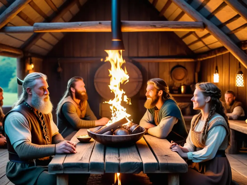 Vida cotidiana en asentamiento vikingo: Escena de Vikingos reunidos en una cálida casa del norte, compartiendo historias y quehaceres