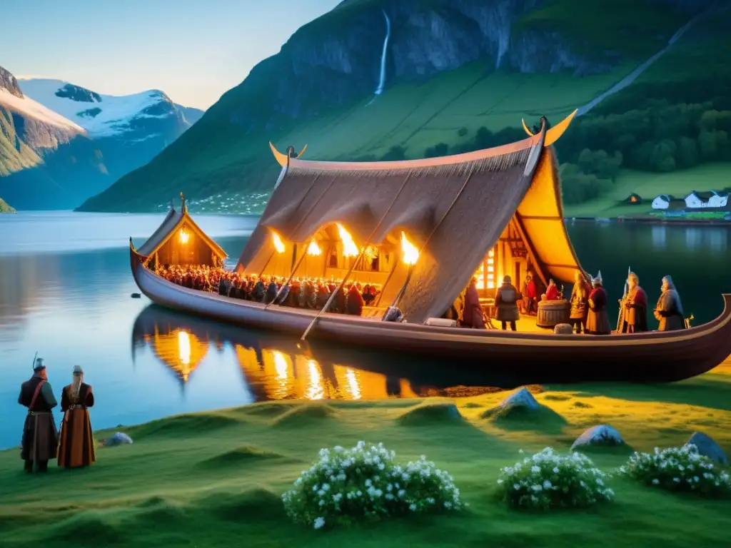 Vida cotidiana y festividades vikingas: Una celebración festiva con vikingos en un gran salón y un fiordo nórdico al fondo, bajo la aurora boreal