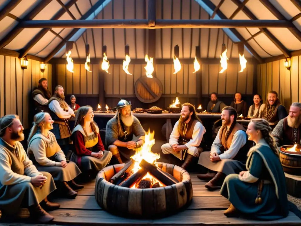 Vida cotidiana y festividades vikingas en un animado interior de casa larga, con decoraciones de madera, antorchas y festín