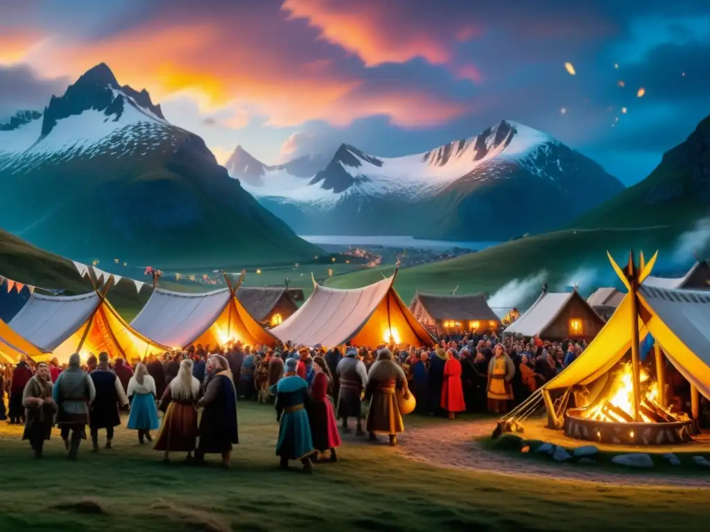 Vida cotidiana y festividades vikingas en un animado pueblo nórdico con danzas, festín y hoguera bajo un cielo estrellado