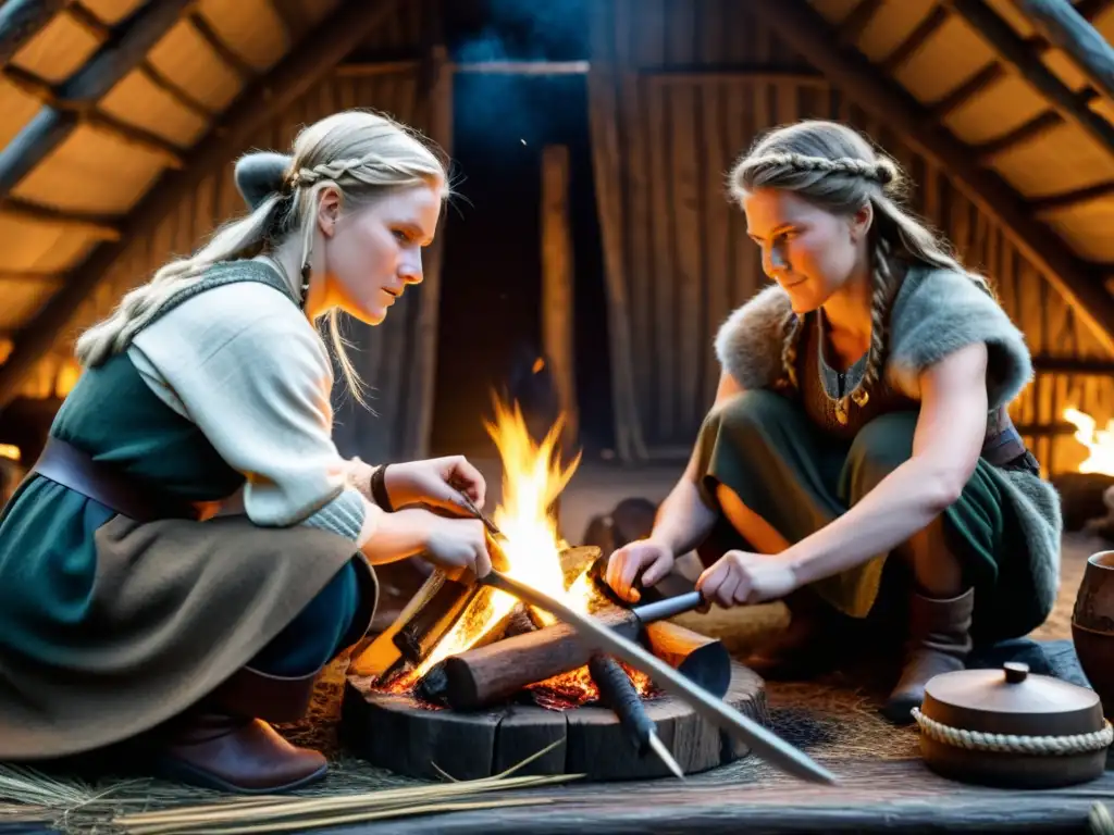 Vida cotidiana mujeres vikingas creando joyas junto al fuego en la oscuridad de la casa larga