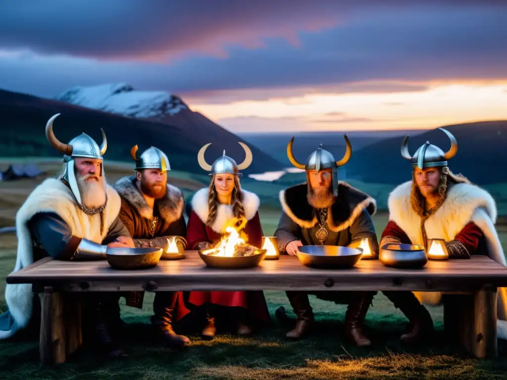 Recreando vida cotidiana vikinga moderna en un festín con atuendos y armas vikingas, bajo un cielo nórdico al atardecer