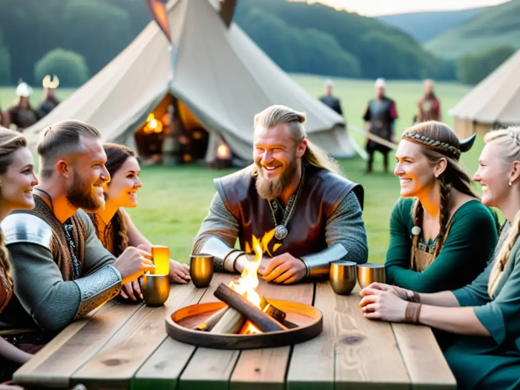 Recreando vida cotidiana vikinga moderna en una escena de banquete con detallados atuendos y decoración