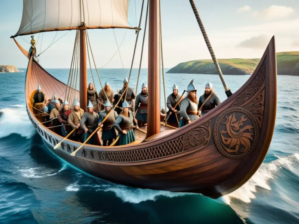 Vida cotidiana en drakkar vikingo: tripulación feroz, mar agitado y cielo tormentoso en detallada ilustración documental