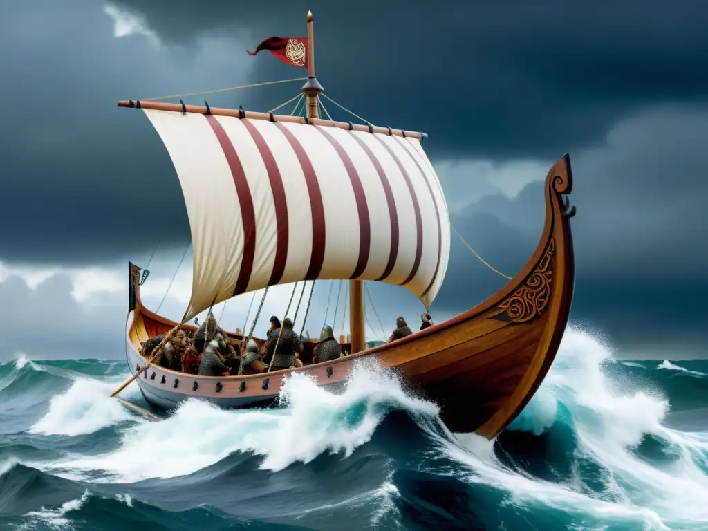 Vida cotidiana en drakkar vikingo navegando en mares turbulentos bajo un cielo tormentoso, guerreros vikingos a bordo