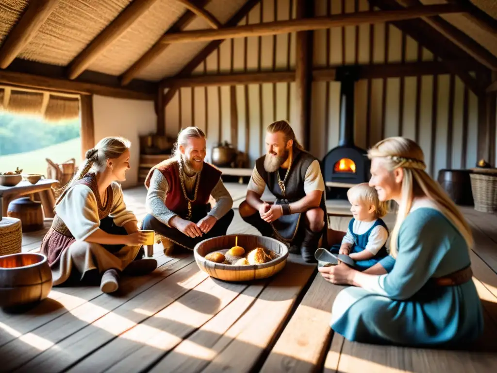 Vida cotidiana de los vikingos: una familia vikinga desayunando en su hogar tradicional al amanecer