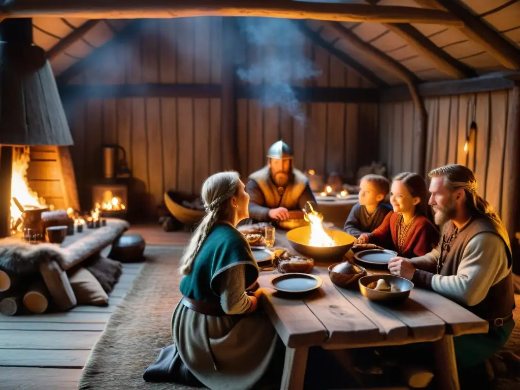 Vida cotidiana de los vikingos: Familia vikinga disfrutando de una cena en su hogar iluminado por antorchas