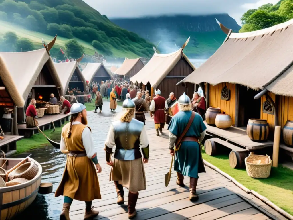 Recreación de la vida vikinga en un bullicioso mercado, hombres y mujeres vestidos con atuendos tradicionales, comerciando y socializando entre puestos de madera y tiendas, con casas de techo de paja y un majestuoso drakkar al fondo