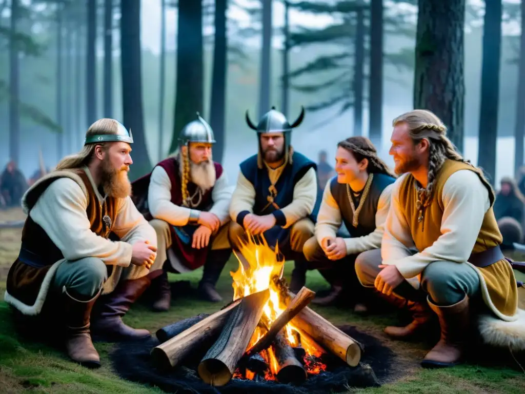 Recreación de vida vikinga documentales: Grupo de reenactores vikingos alrededor de una fogata en el bosque neblinoso