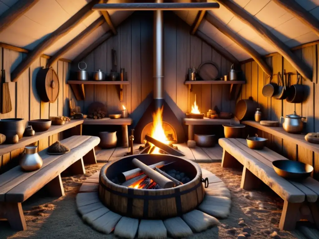 Escena vikinga: vida cotidiana en una casa larga Vida vikinga en un hogar detallado con fuego, utensilios y actividades diarias