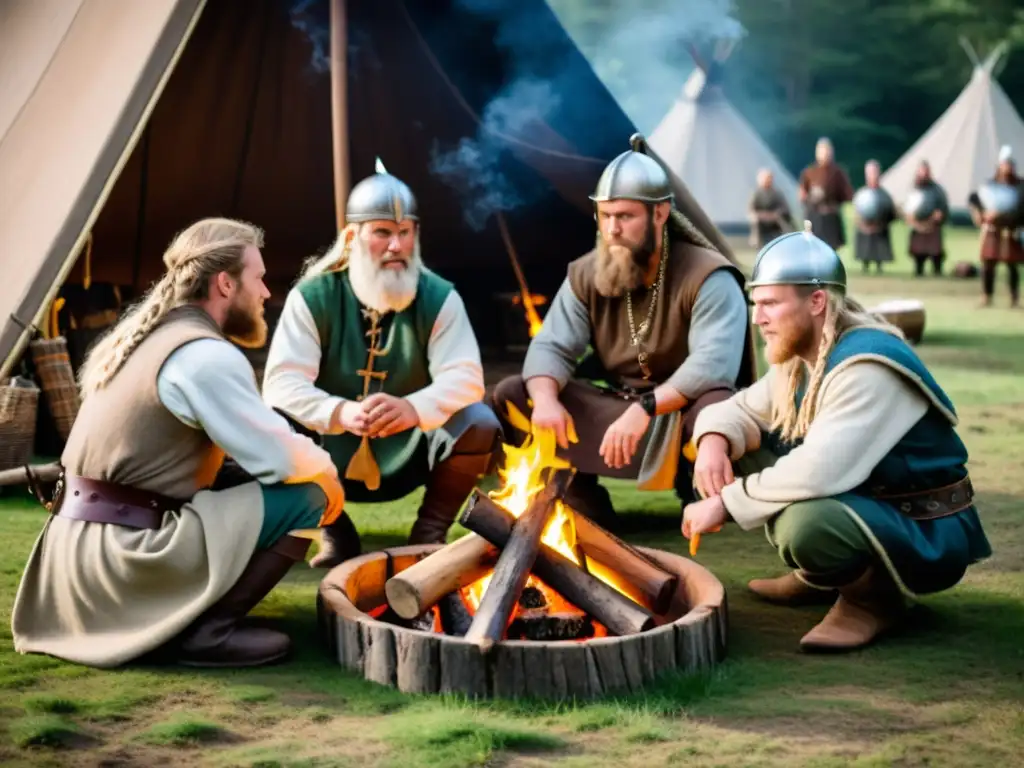 Recreación de la vida vikinga: reenactores en ambiente de comunidad, cocinando y contando historias