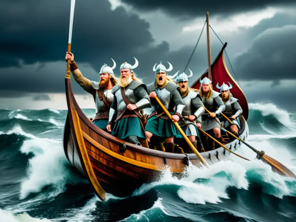 Videojuego Valhalla era vikinga: Vikingos en barco durante tormenta en alta mar, con armaduras y expresiones fieras