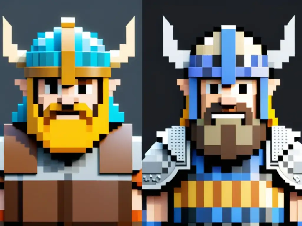 Evolución gráfica videojuegos vikingos: contraste entre un vikingo pixelado y otro fotorrealista en paisaje nórdico