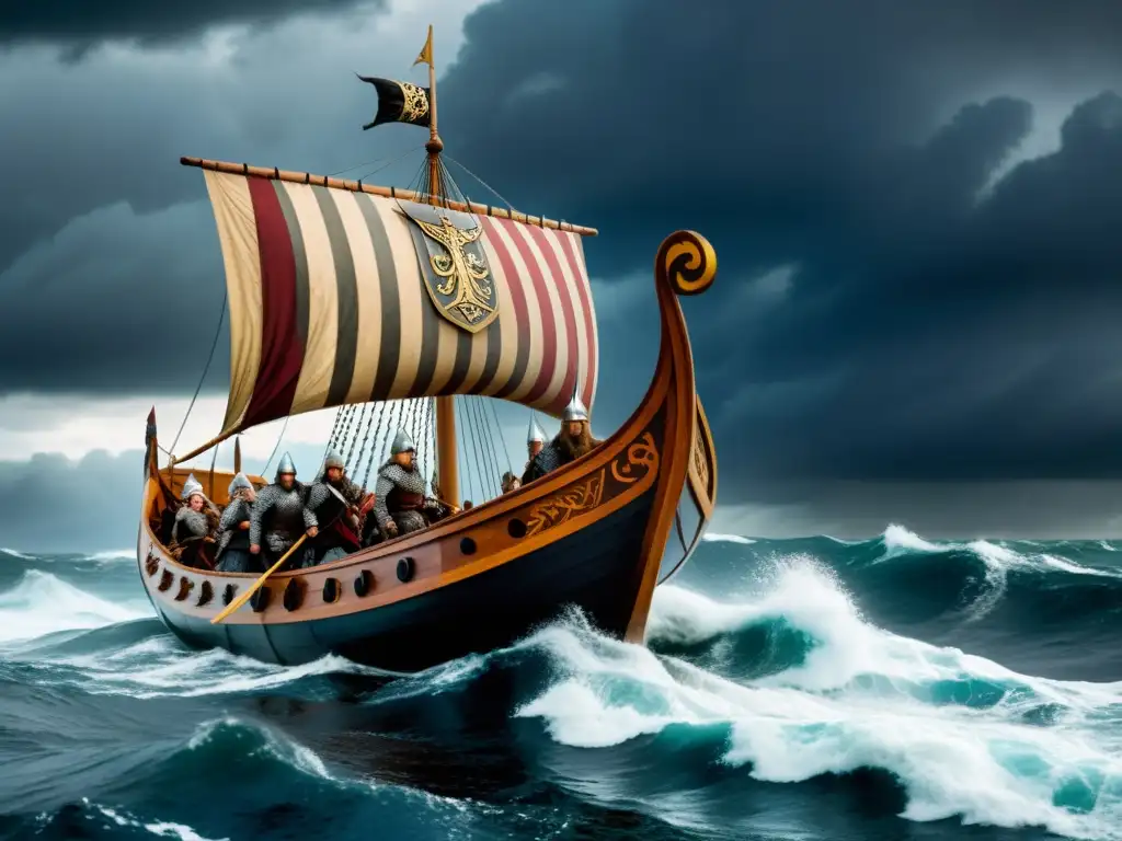 Videojuegos vikingos historia guerreros nórdicos: Imagen detallada de un barco vikingo surcando mares turbulentos con guerreros y armas