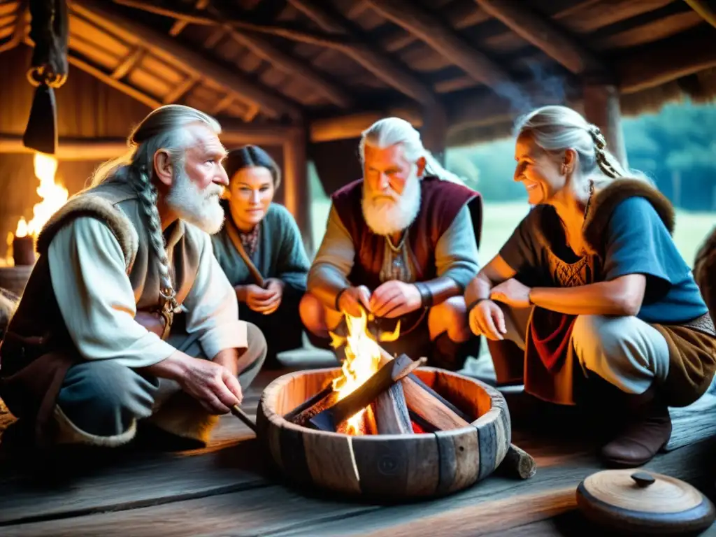 Viejos vikingos comparten secretos longevidad vikinga vida plena en misteriosa cabaña iluminada por antorchas