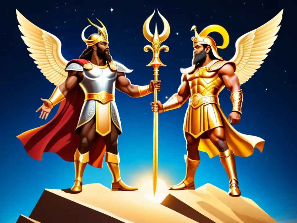 Heimdall y Hermes, vigilantes divinos, en armadura dorada y sandalias aladas, en un fondo celestial lleno de estrellas y galaxias