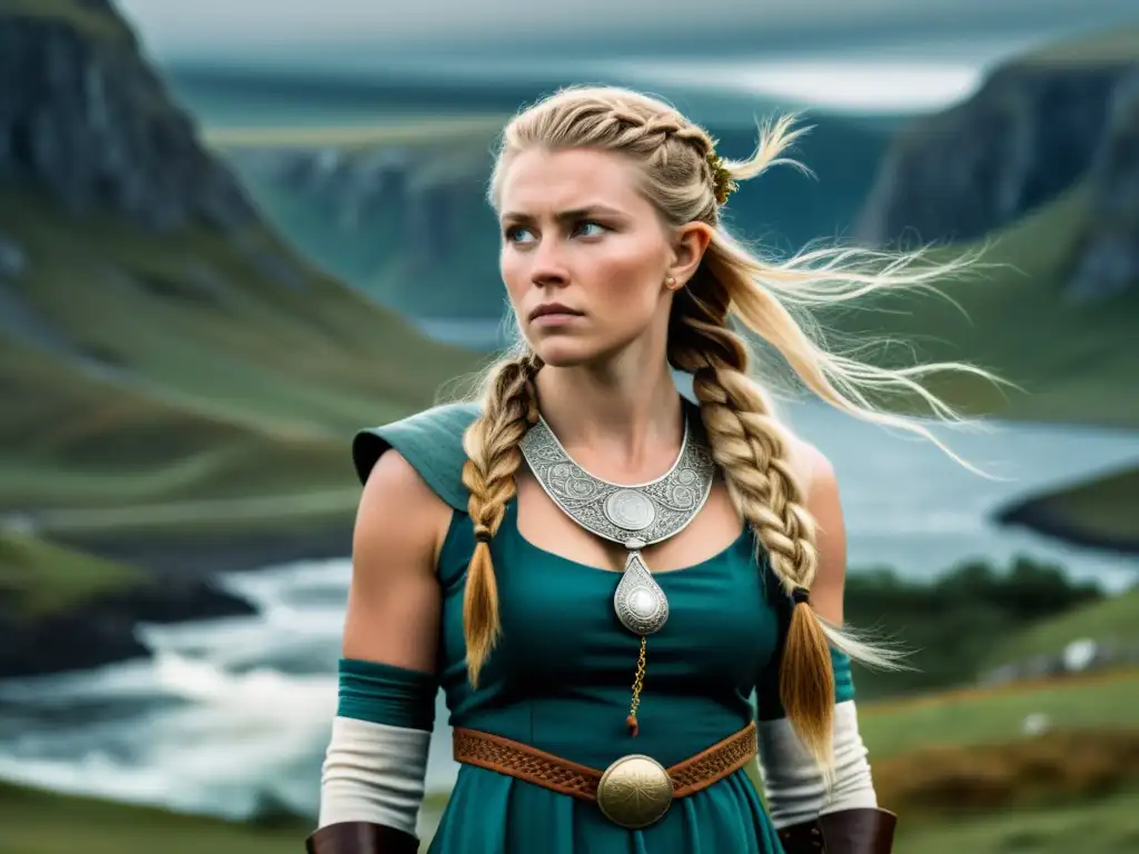 Una vikinga con adornos de belleza vikinga tradición en su cabello y vestimenta, en un paisaje nórdico exuberante