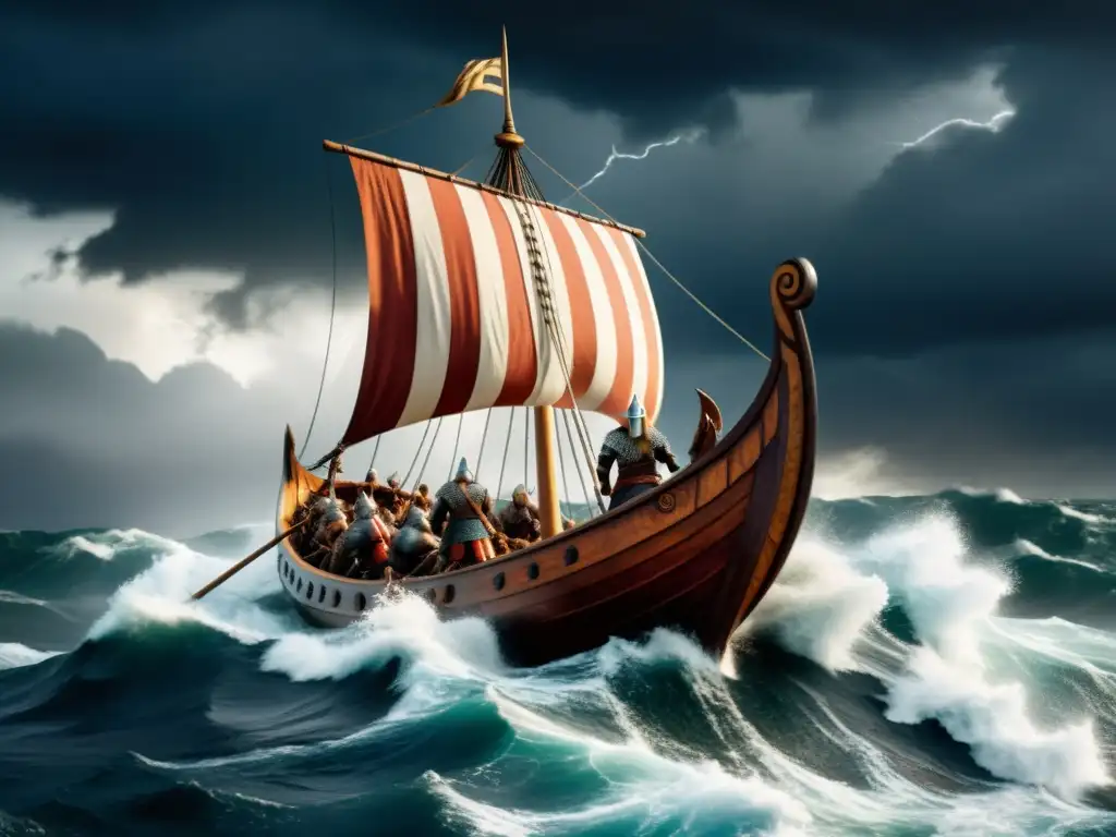 Expedición vikinga en alta mar con guerreros luchando contra la tormenta, mostrando el impacto histórico de las expediciones vikingas