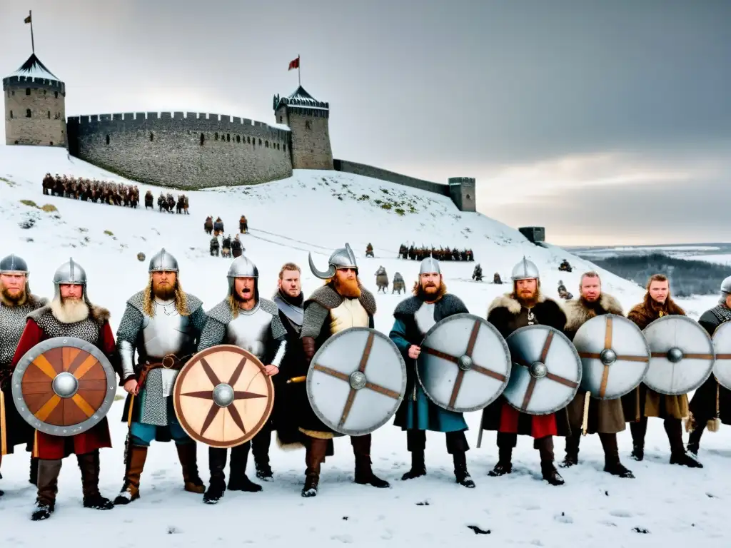 Recreación vikinga de asedio a fortaleza en paisaje nórdico nevado, con detalle en armaduras y estrategia de ataque