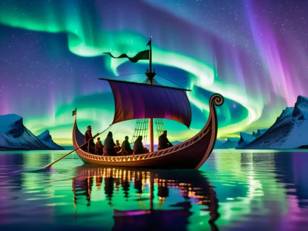 En la era vikinga, un drakkar navega bajo la aurora boreal con guerreros remando