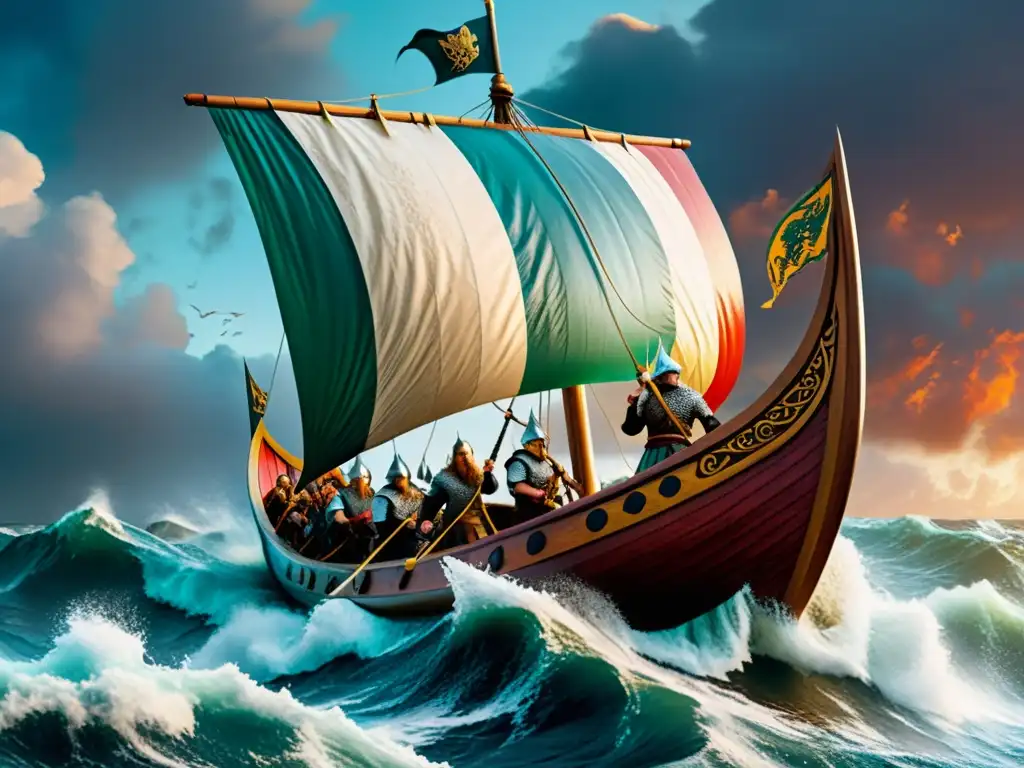 Épica expedición vikinga: barco con dragones, guerreros y bandera en aguas turbulentas