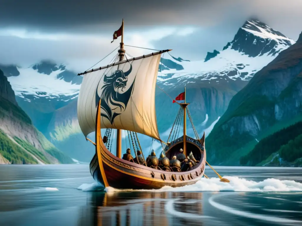 Expedición vikinga en América: Barco largo vikingo tallado navegando en fiordo neblinoso rodeado de montañas nevadas y cielo nublado