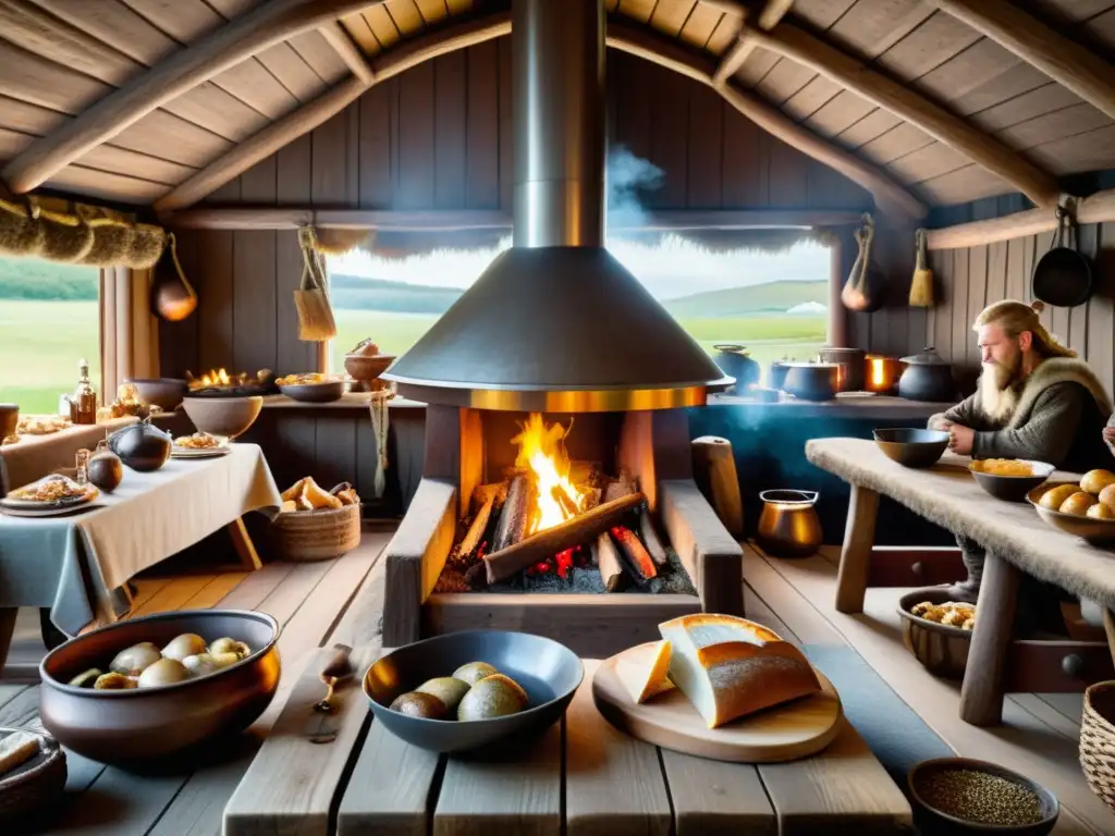 Alimentación vikinga: interior de casa vikinga con guerreros disfrutando de una comida abundante alrededor de un fuego