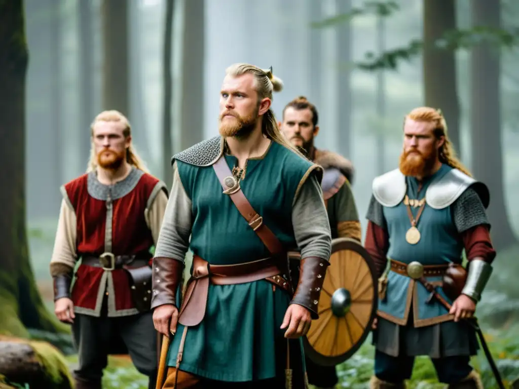 Recreación vikinga en cine: Grupo de vikingos con atuendos auténticos en un bosque brumoso