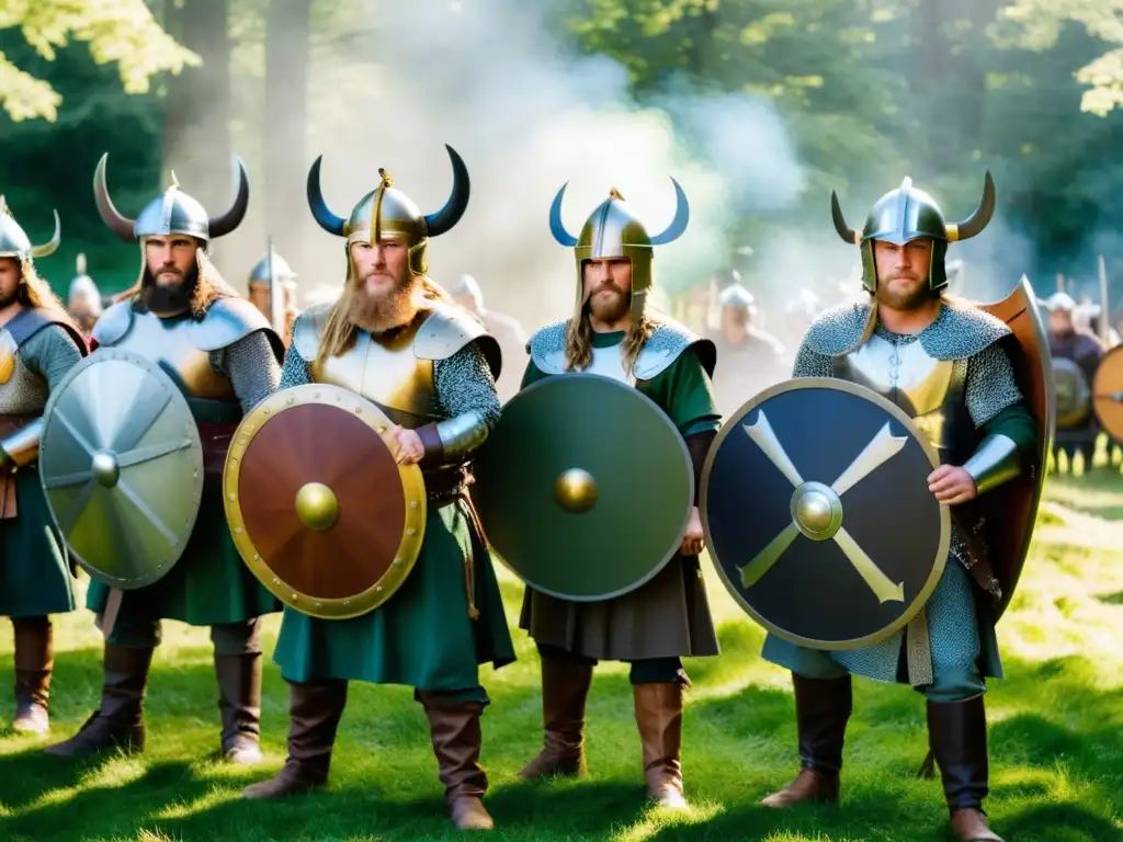 Recreación vikinga en cine: Guerreros vikingos con trajes detallados y armas, en dramática batalla en un bosque verde iluminado por el sol