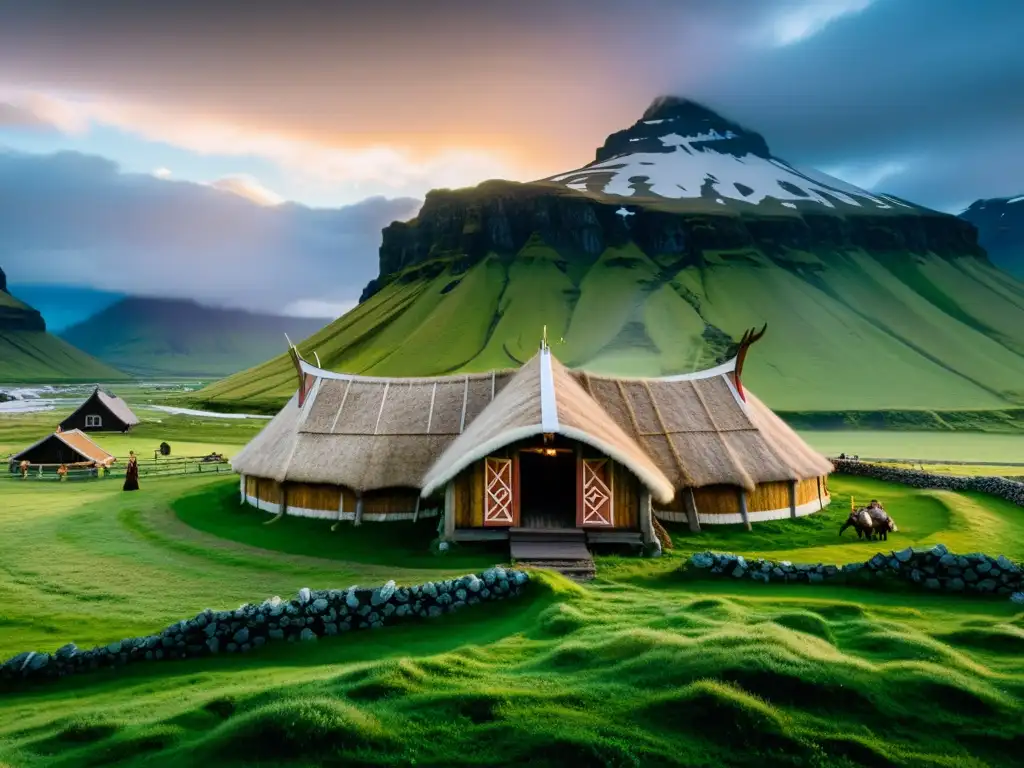 Colonización vikinga en Islandia: Detallada imagen de una casa larga vikinga en un valle verde, con montañas nevadas y auroras boreales en el cielo