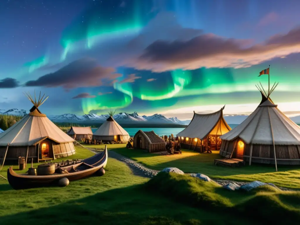 Colonización vikinga en América del Norte: Detalle de asentamiento con longhouses, barcos, actividad vikinga y auroras boreales