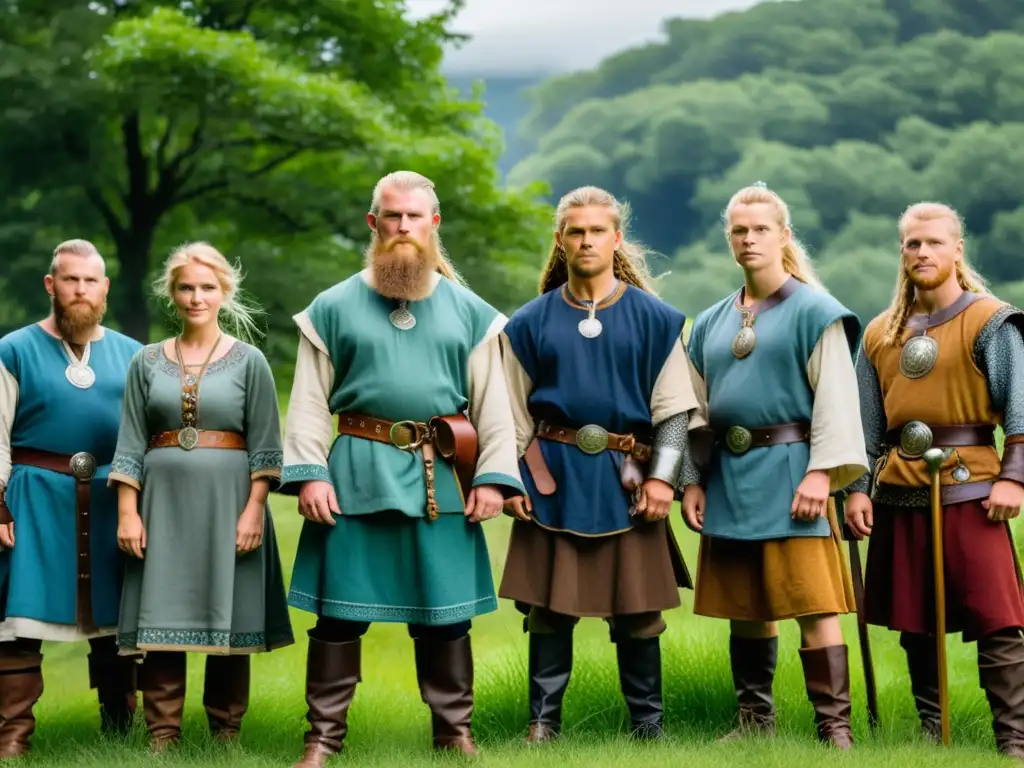 Recreación vikinga: vestimenta auténtica en entorno ancestral Recreación vikinga con detalles elaborados y entorno verde evocando la antigua Escandinavia