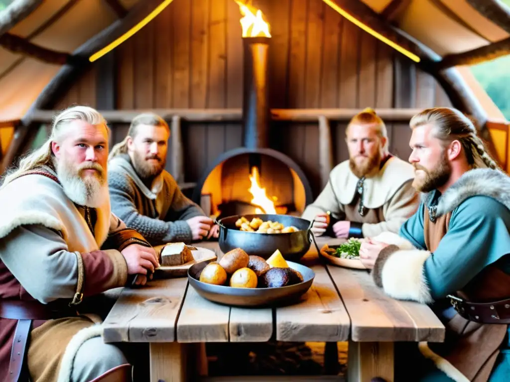 Celebración vikinga con dieta saludable en mesa larga de madera