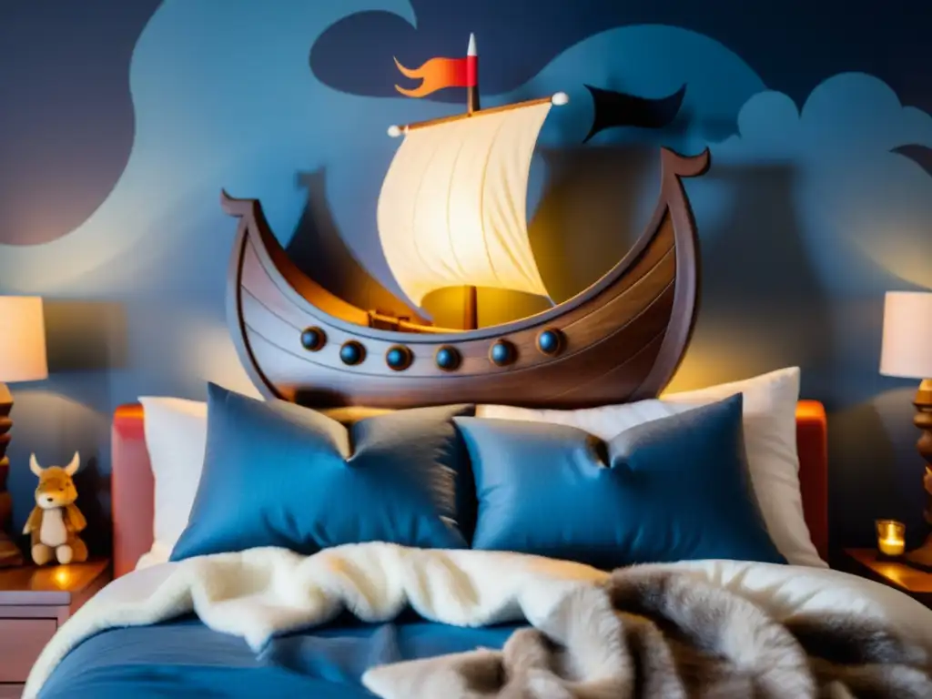 Decoración vikinga para dormitorio infantil: Detalle de un barco vikingo de juguete navegando en un mar de sábanas azules, rodeado de dragones de peluche y guerreros vikingos en una habitación acogedora y temática