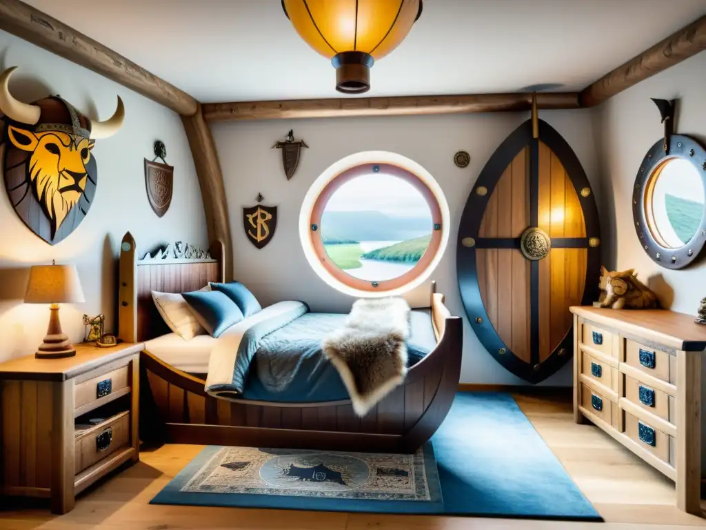 Decoración vikinga para dormitorio infantil: Dormitorio de niños con cama barco vikingo, escudos y armas en las paredes