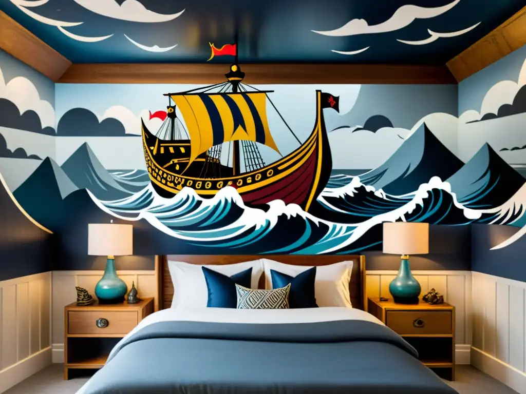 Descubre la decoración vikinga para dormitorio infantil en una habitación llena de aventura con un mural de un barco vikingo navegando en mares turbulentos