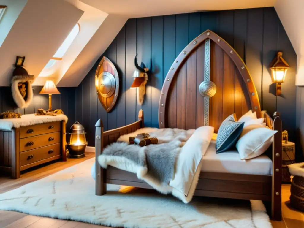 Decoración vikinga para dormitorio infantil: Una habitación llena de aventuras con cama en forma de barco vikingo, tapices y escudo en la pared